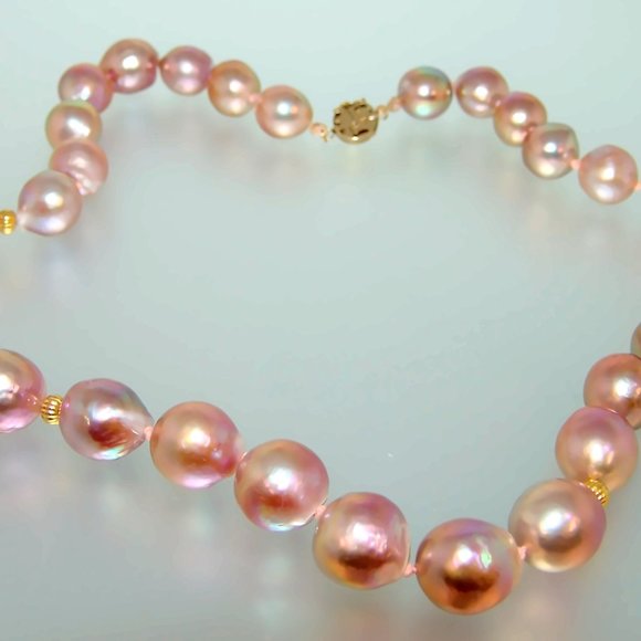 14K Gold Clasp Pink Purple 14mm Pearl Necklace Edison Cultured Pearl Necklace - Picture 5 of 7